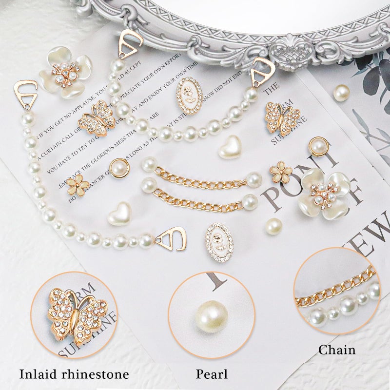 COAUXOG 18Pcs Bling Shoe Charms Gold Rhinestone Butterfly Flower Jewelry Shoes Accessories Pearl Chain Shoe Charms Women Luxury Jewelry Clog Shoes Accessories for Party Favor Birthday Present - Image 3