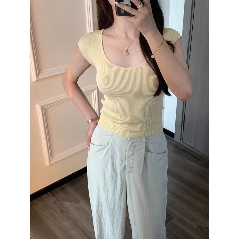 Selling T-Shirts Slim-Fit Ice Silk Short-Sleeved T-Shirt Square Collar Solid Color Slim-Fit Sweater - Image 4