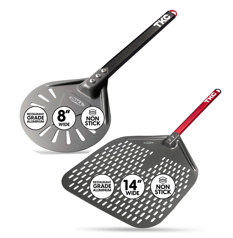 TKC Perforated Pizza Peel Bundle with 14 Inch XL Peel and 8" inch Pizza Turning Peel - Commercial Grade Pizza Spatula - Fits all 16 inch Pizza Ovens - Image 1