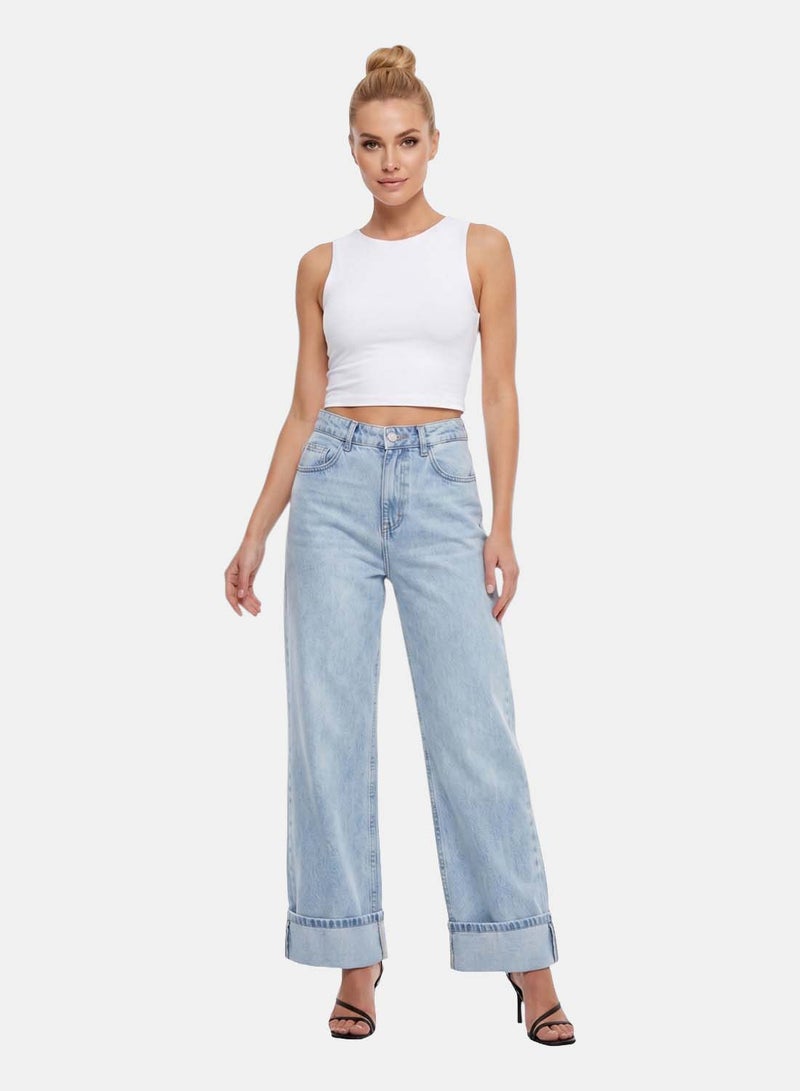 FOREVER 21 Cuffed Wide-Leg Light Wash Denim Jeans - Image 1