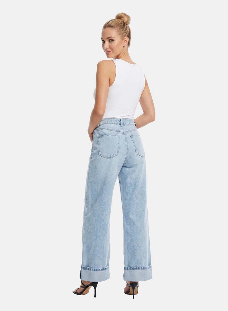 FOREVER 21 Cuffed Wide-Leg Light Wash Denim Jeans - Image 2