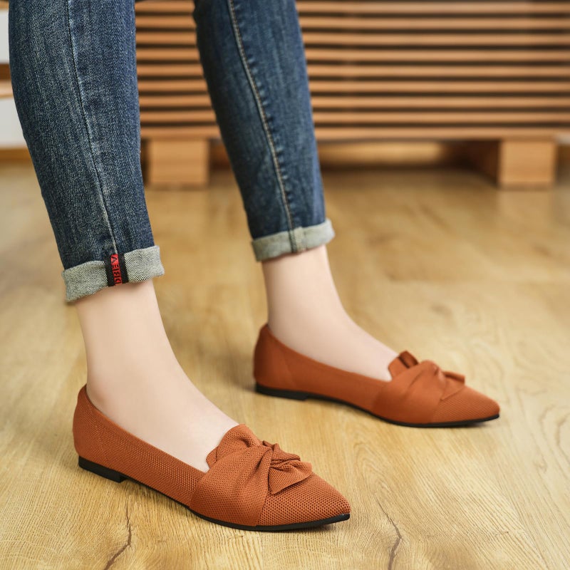 HIULYCENCE Women's Flats Shoes Pointed Toe Ballet Flats with Bow Comfortable Knit Dressy Flats Brown US6.5 - Image 2