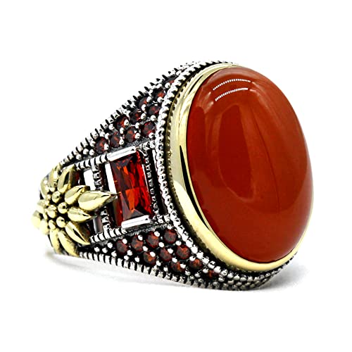 LovePlus Qida 925 Sterling Silver Onyx Stone Men's Ring Türkiye Handmade Agate Silver Luxury Vintage Men's Ring (Red,10) - Image 2