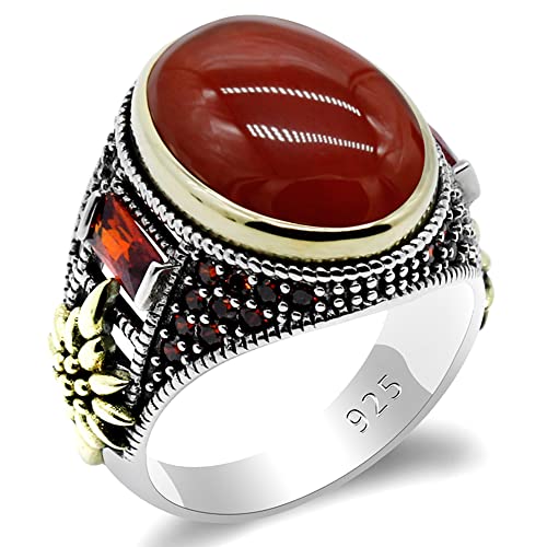 LovePlus Qida 925 Sterling Silver Onyx Stone Men's Ring Türkiye Handmade Agate Silver Luxury Vintage Men's Ring (Red,10) - Image 4