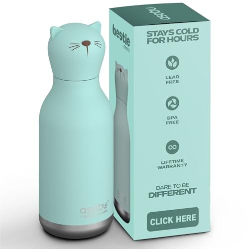asobu Bestie Bottle Insulated Stainless Steel Water Bottle with Detachable Soft Animal Head Fun Drinking For Kids and Teens with Flexible Reusable Straw 16 Ounce Cat - Image 1