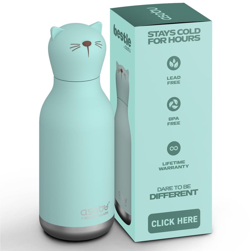 asobu Bestie Bottle Insulated Stainless Steel Water Bottle with Detachable Soft Animal Head Fun Drinking For Kids and Teens with Flexible Reusable Straw 16 Ounce Cat - Image 2