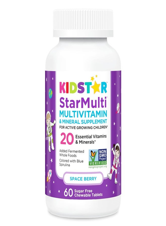 KidStar Nutrients كيدستار نيوترينتس ستار ملتي، أقراص متعددة الفيتامينات والمعادن قابلة للمضغ للأطفال، بالإضافة إلى أطعمة كاملة مخمرة عضوية، نباتي، خالي من السكر، بنكهة التوت الفضائي، 60 قرصًا قابلاً للمضغ - Image 1