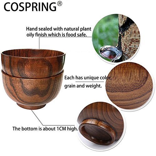 Cospring Handmade Wood Bowl, Mug, for Rice, Soup, Dip, Coffee, Tea, Decoration (2PCS Jujube Bowls, L: 5-1/8 inch Dia by 3-1/8 inch High) - Image 4