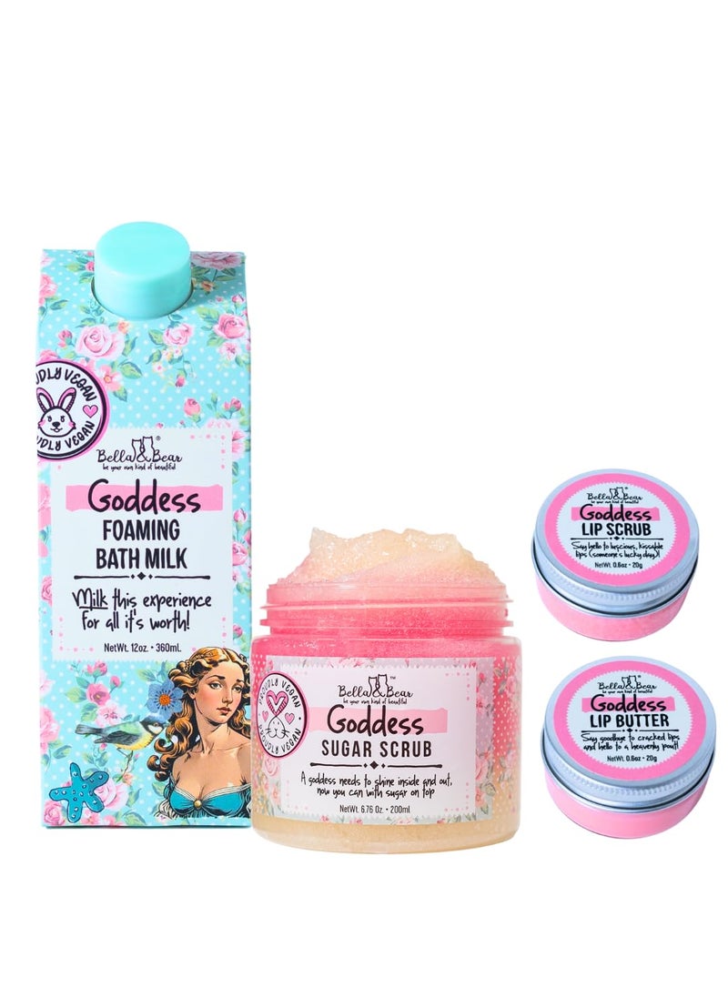 Bella and Bear Bella  Bear Goddess MaxiBath  Body Gift Set with Foaming Bath Milk Body Scrub  Lip Scrub and Lip Butter  Gifts for Women  Teens 