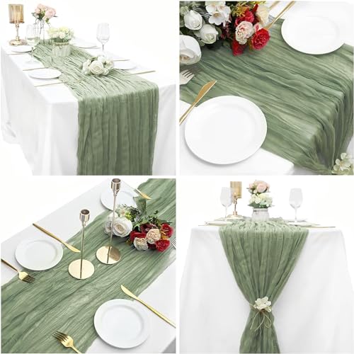 PWDAN 12 Pack Sage Green Cheesecloth Table Runner, 10FT Spring Boho Gauze Green Cheese Cloth Table Runner 35 x120 Inch Semi Sheer Long Runner for Table Wedding Party Banquet Baby Shower Birthday - Image 5