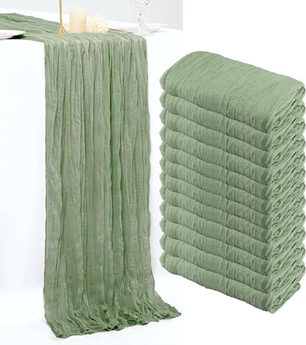 PWDAN 12 Pack Sage Green Cheesecloth Table Runner, 10FT Spring Boho Gauze Green Cheese Cloth Table Runner 35 x120 Inch Semi Sheer Long Runner for Table Wedding Party Banquet Baby Shower Birthday - Image 1