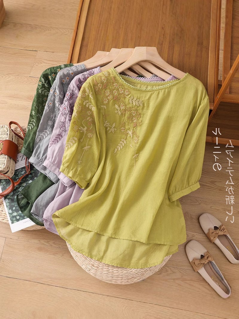 2025 Top Thin Round Neck Shirt Cotton Linen Embroidered T-Shirt Short Sleeve Artistic Retro Loose Slimming - Image 1