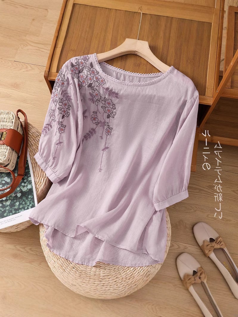 2025 Top Thin Round Neck Shirt Cotton Linen Embroidered T-Shirt Short Sleeve Artistic Retro Loose Slimming - Image 3