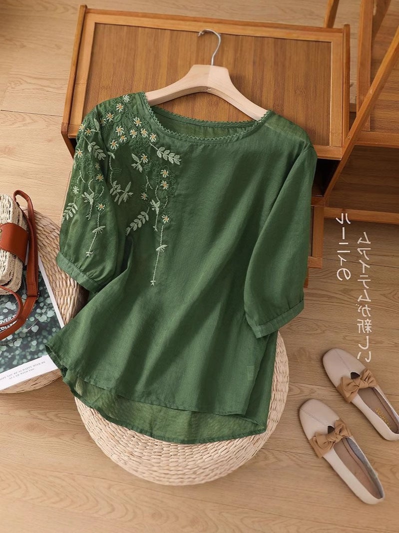2025 Top Thin Round Neck Shirt Cotton Linen Embroidered T-Shirt Short Sleeve Artistic Retro Loose Slimming - Image 2