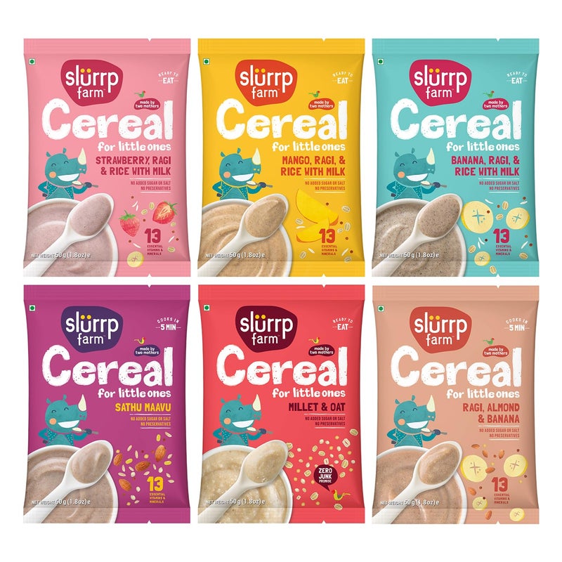 Slurrp Farm No Added Sugar, No Salt Multigrain Cereals Trial Pack Combo | Goodness of Millets - Ragi, Jowar, Oats | Healthy Food for Kids | Real Fruits, 300g (50g*6) - Image 1