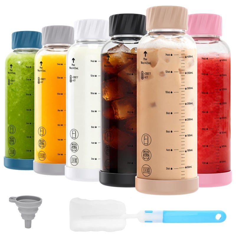 Luxfuel 16 oz Glass Juice Bottles with Lids, 6 Pack Borosilicate Glass Bottles with Stainless Steel Lid - Reusable, BPA-Free for Juicing, Smoothies, Infused Water & Protein Drinks, Leakproof, Clear - Image 1