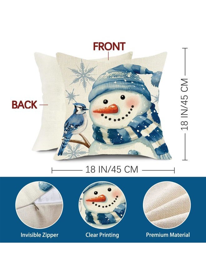 Fjfz Blue Christmas Decorative Throw Pillow Covers 18 x 18 Set of 4, Xmas Tree Snowman Joy Balls Blue Jay Outdoor Home Decor, Let It Snow Winter Holiday Buffalo Plaid Stripes Sofa Couch Cushion Case - Image 3