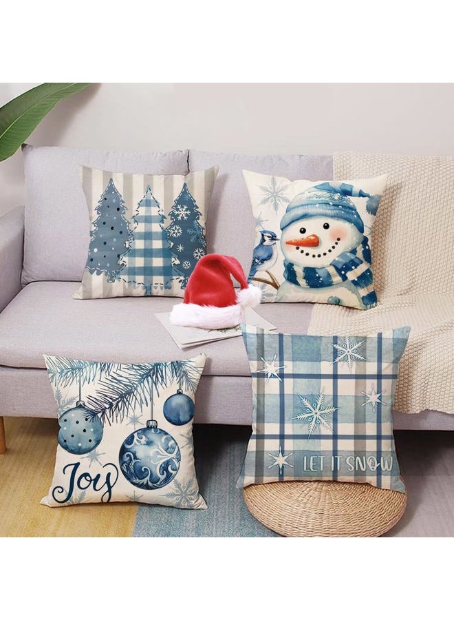 Fjfz Blue Christmas Decorative Throw Pillow Covers 18 x 18 Set of 4, Xmas Tree Snowman Joy Balls Blue Jay Outdoor Home Decor, Let It Snow Winter Holiday Buffalo Plaid Stripes Sofa Couch Cushion Case - Image 2