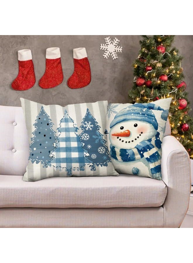 Fjfz Blue Christmas Decorative Throw Pillow Covers 18 x 18 Set of 4, Xmas Tree Snowman Joy Balls Blue Jay Outdoor Home Decor, Let It Snow Winter Holiday Buffalo Plaid Stripes Sofa Couch Cushion Case - Image 5