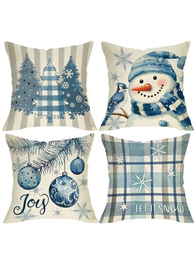Fjfz Blue Christmas Decorative Throw Pillow Covers 18 x 18 Set of 4, Xmas Tree Snowman Joy Balls Blue Jay Outdoor Home Decor, Let It Snow Winter Holiday Buffalo Plaid Stripes Sofa Couch Cushion Case - Image 1