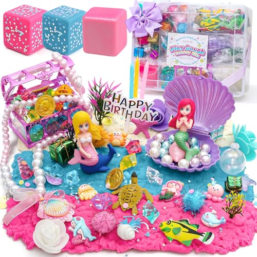Golray Mermaid Sensory Dough Kit Play Dough Set with 3 Packs of Playdough 2 Mermaid Figures Marine Animals Plants Toys and Decorative Accessories Sensory Toys Gifts for Kids Toddlers - Image 1