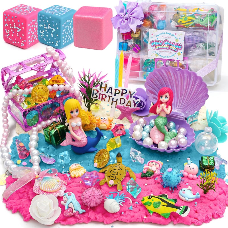 Golray Mermaid Sensory Dough Kit Play Dough Set with 3 Packs of Playdough 2 Mermaid Figures Marine Animals Plants Toys and Decorative Accessories Sensory Toys Gifts for Kids Toddlers - Image 3