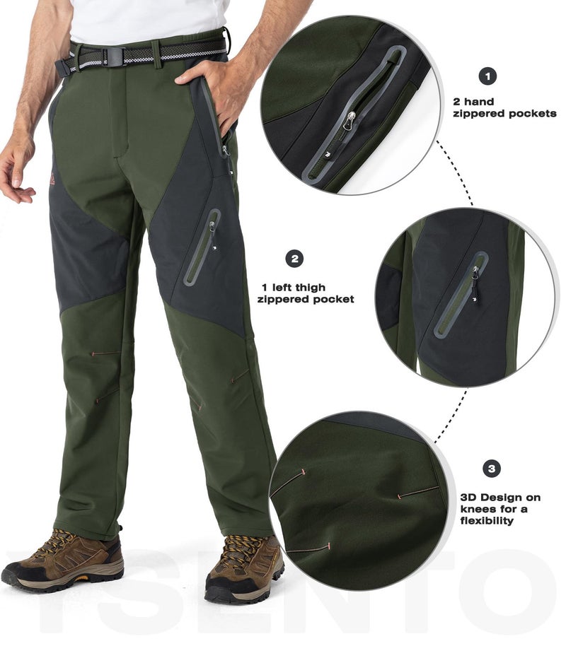 Ysento Men'S Fleece Lined Ski Snow Pants Winter Waterproof Softshell Insulated Hiking Cargo Pants Green Size 30 - Image 4