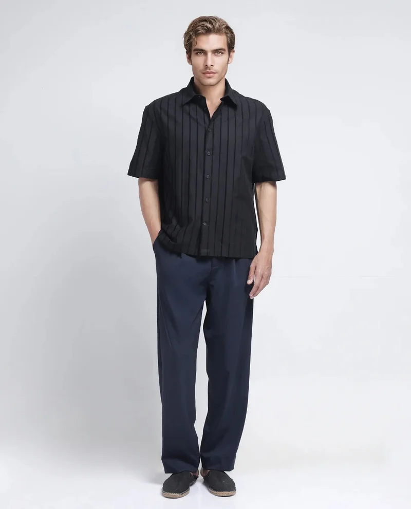 Rare Rabbit Rare Rabbit Men's Croy SS Black Cotton Fabric Short Sleeve Collared Neck Button Closure Stripe Shirt