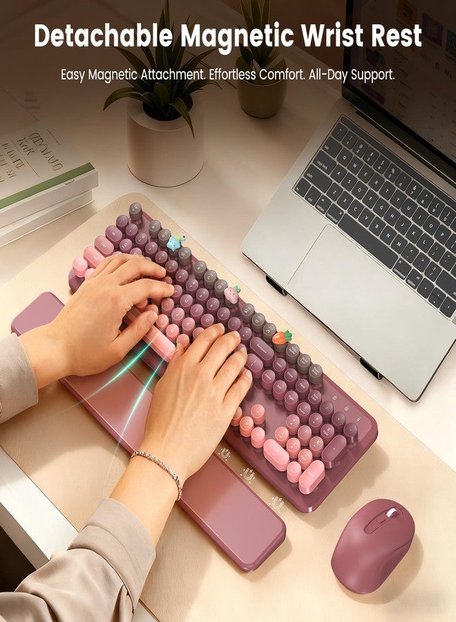 لوحة مفاتيح وماوس لاسلكيان، لوحة مفاتيح بتصميم آلة كاتبة كلاسيكية لطيفة مع أغطية مفاتيح دائرية، لوحة مفاتيح كاملة الحجم ذات مظهر جمالي مع مسند معصم مغناطيسي، منفذ USB بتردد 2.4 جيجاهرتز لأجهزة الكمبيوتر المكتبية والمحمولة التي تعمل بنظامي التشغيل ويندوز وماك (لون وردي متدرج) - Image 2