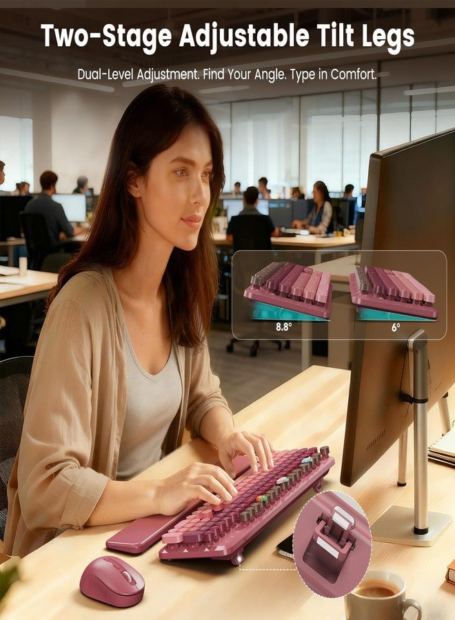 لوحة مفاتيح وماوس لاسلكيان، لوحة مفاتيح بتصميم آلة كاتبة كلاسيكية لطيفة مع أغطية مفاتيح دائرية، لوحة مفاتيح كاملة الحجم ذات مظهر جمالي مع مسند معصم مغناطيسي، منفذ USB بتردد 2.4 جيجاهرتز لأجهزة الكمبيوتر المكتبية والمحمولة التي تعمل بنظامي التشغيل ويندوز وماك (لون وردي متدرج) - Image 3
