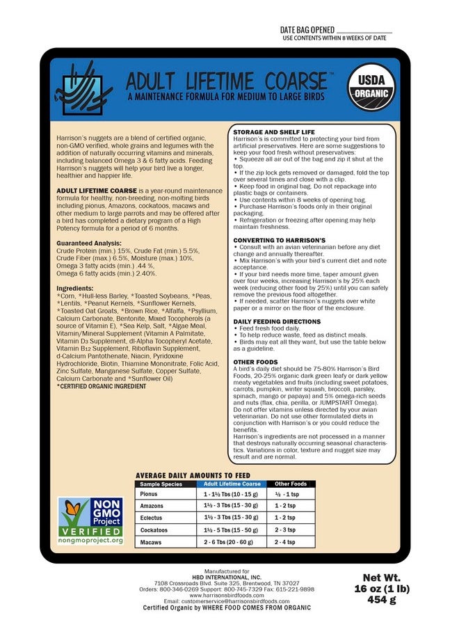 Harrison's Bird Foods Harrison's Adult Lifetime Coarse 1lb  - Image 2