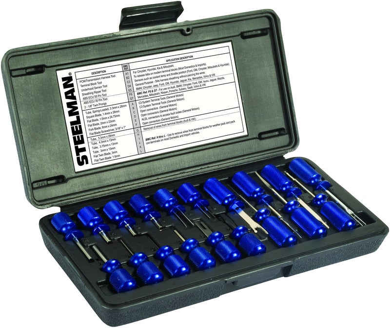 Steelman 19Piece Master Terminal Tool Kit for Auto Techs Removes Terminal Block Wires Without Damage Includes Tube Flat Fork Blade Single Pin Sheathing Ripper Others