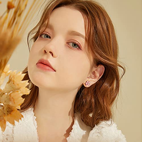 AllenCOCO Pink Flower Earrings for Women, 925 Sterling Silver Stud Earrings, Cute Plumeria Earrings For Women, Cherry Blossom - Image 3
