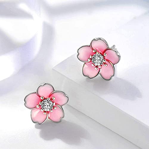 AllenCOCO Pink Flower Earrings for Women, 925 Sterling Silver Stud Earrings, Cute Plumeria Earrings For Women, Cherry Blossom - Image 2