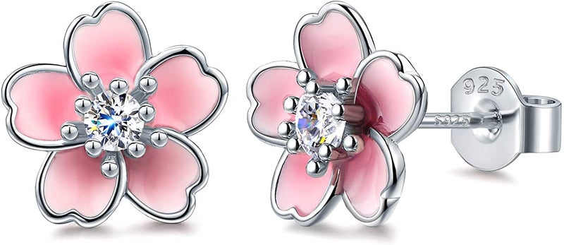 AllenCOCO Pink Flower Earrings for Women, 925 Sterling Silver Stud Earrings, Cute Plumeria Earrings For Women, Cherry Blossom - Image 1