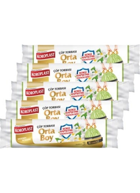 Odor Trapping Jasmine Drawstring Medium Size 15 PIECE Garbage Bag x 5 Pack (55*60 cm)