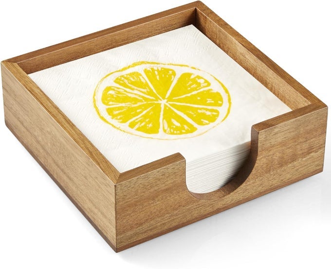 ACACIA WOOD COCKTAIL NAPKIN HOLDER BEVERAGE NAPKIN HOLDER FOR 5 X 5 INCH NAPKIN SQUARE PAPER NAPKIN CADDY FOR BAR PARTY TABLE DINNER KITCHEN BATHROOM