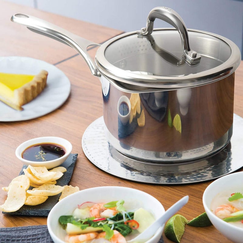 MEYER Meyer Select Nickel Free Stainless Steel Saucepan Sauce pan with triply Base Sauce Pot with Straining Glass Lid Milk pan with Lid Gas and Induction Compatible 18cm 273 Liters Silver  - Image 2