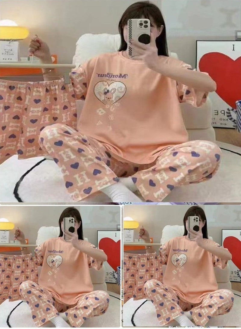 Short Sleeve Night Suit Set Cute Cartoon Print Loose Sleepwear Dress Pajama Set for Women 3 PCs 