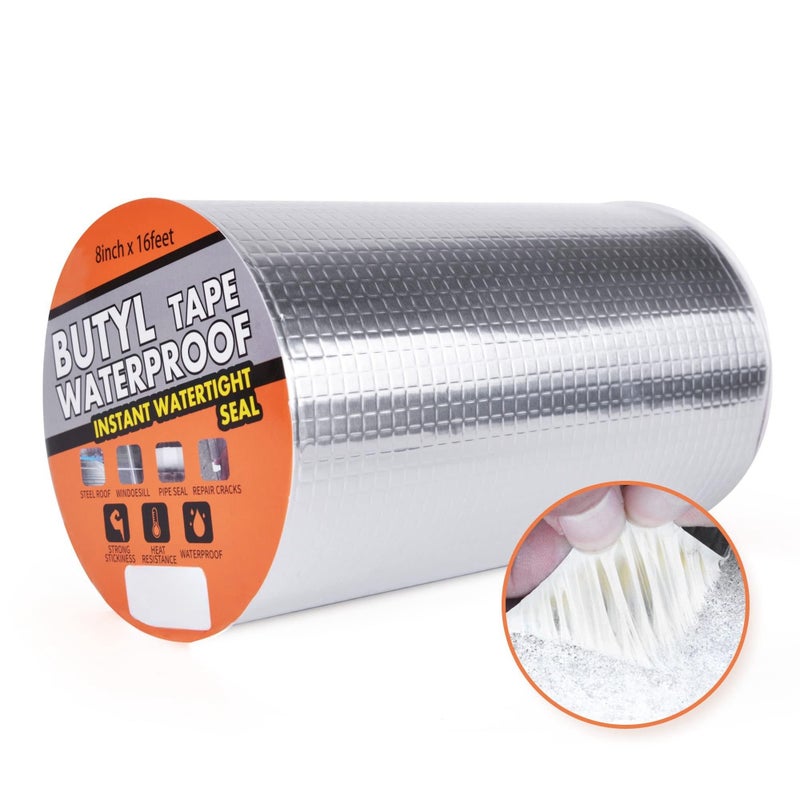 شريط بوتيل مانع للتسرب، شريط رقائق ألومنيوم فضي، لإصلاح النوافذ، وإصلاح المركبات الترفيهية، والسيليكون، والزجاج، وأسقف EPDM، وسد تسربات الأنابيب، والقوارب (المقاس: 20) - Image 1