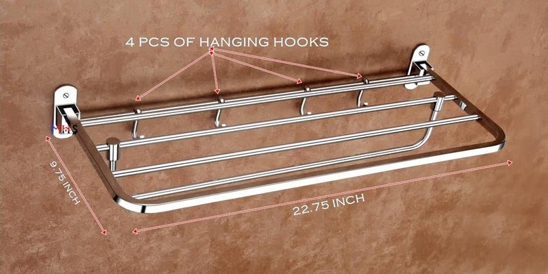 MHS SS 304 Stainless Steel Adjustable Folding Towel Rack and Rod with Hanger Hook Stand Holder for Home Hotel Hostel Bathroom Bath Accessories with Screws - Image 2
