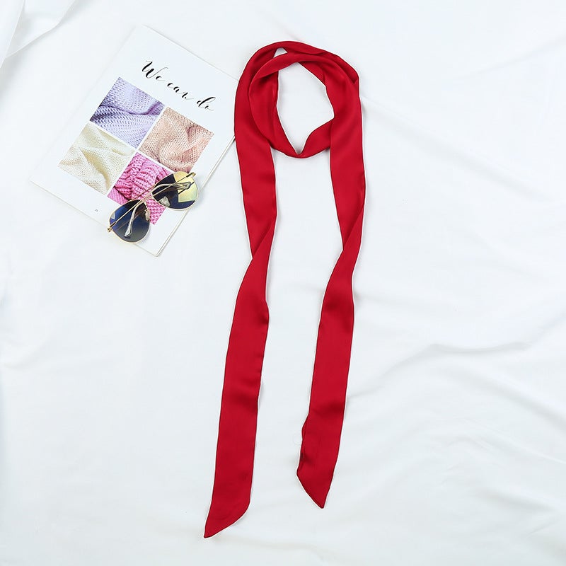 Korean Slim Silk Scarf Elegant Solid Color 5*190 Bordeaux