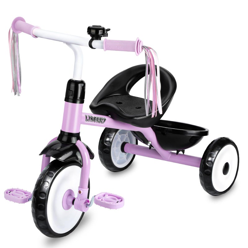 Liberry Toddler Tricycle Age 2 3 4 Years Old Kids Trike with Bell Back Basket and Removable Pedal 3 Wheel Bike Riding Toy Gift for Girls Purple - Image 2