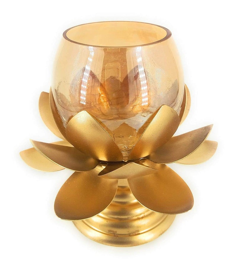 Lotus Flower Shape Candle Tealight Holder with Crackled Glass Copper Finishing Pack of 1  - Image 1
