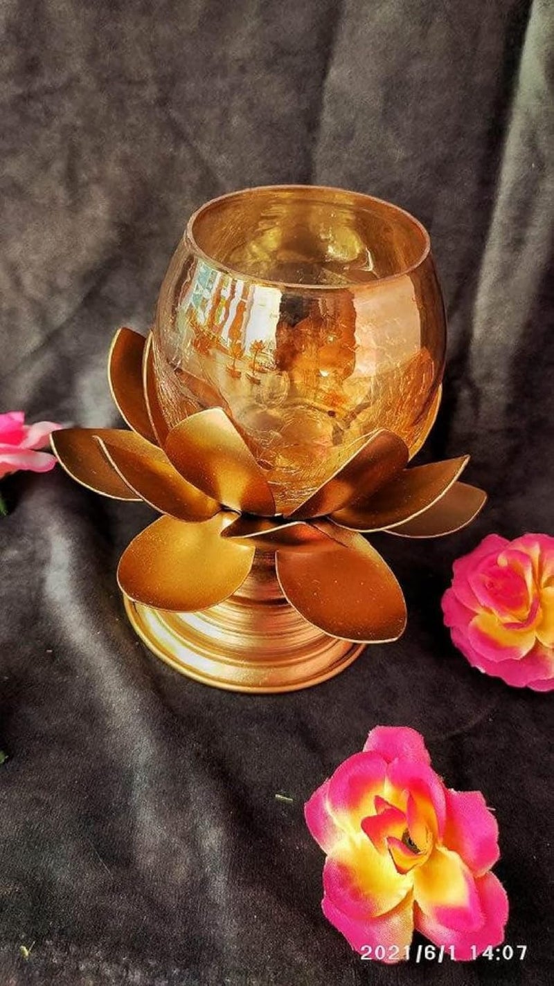 Lotus Flower Shape Candle Tealight Holder with Crackled Glass Copper Finishing Pack of 1  - Image 2