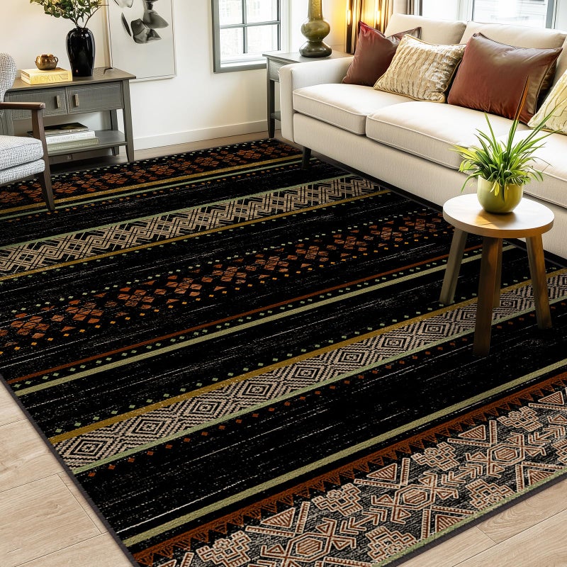 BESTSWEETIE 8x10 Area Rugs for Living Room Washable Moroccan Farmhouse Neutral Geometric Low Pile Non-Slip Soft Print Pattern Rug for Bedroom Kitchen Dining Room Entryway Black/Red/Brown/Cream/Yellow - Image 1