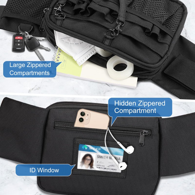 SITHON حقيبة خصر ممرضة سيثون مع حامل شريط، حقيبة تنظيم طبية متعددة الأقسام، حقيبة حزام ممرضة، حقيبة خصر عملية لأجهزة السمع، ضمادات، مقصات طبية، مستلزمات طبية (أسود) - Image 4