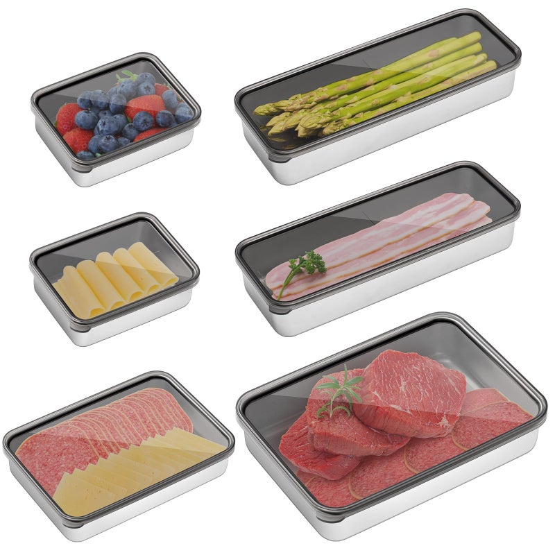 Excefore 6 Pcs Stainless Steel Airtight Cheese Containers  Dishwasher Safe Deli Meat  Bacon Storage with Fruit Tray  Lids