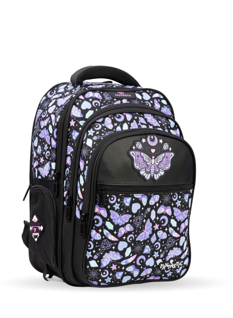 Fantastic QY002 Fantastic School Backpack, Butterfly and Motif Design, Black and Purple - Image 1