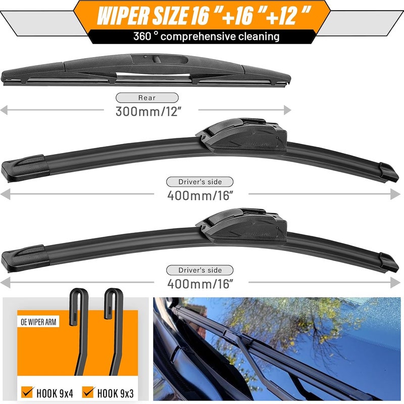 AUTOBOO 16"+16" Windshield Wipers with 12 Inch Rear Wiper Blade Replacement for Jeep wrangler JL 2018 2019 2020 2021-Original Factory Quality (Pack of 3) - Image 3